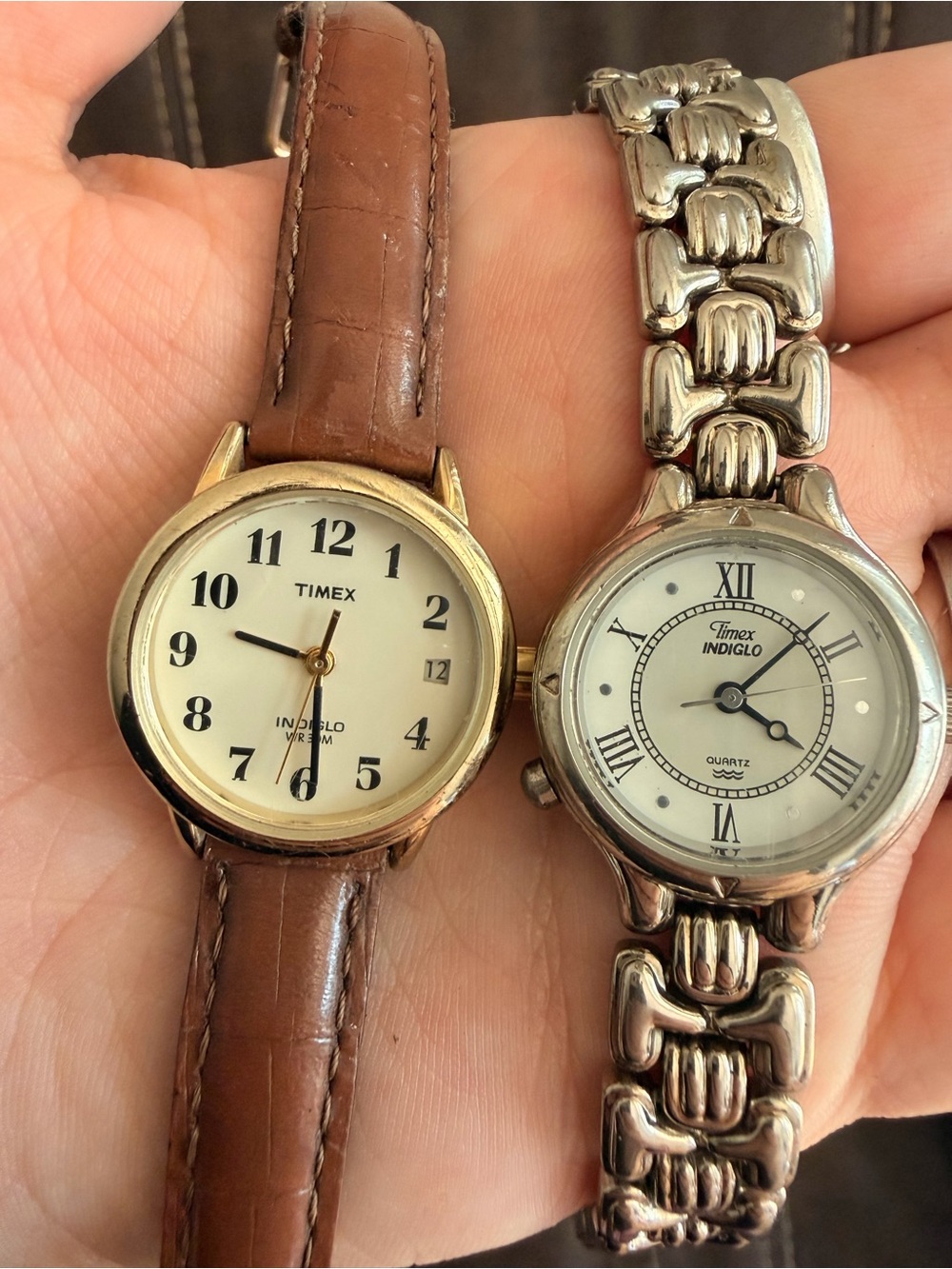 2pc LOT •TIMEX• Indiglo Wrist Watches >> silver metal & brown leather (wear)